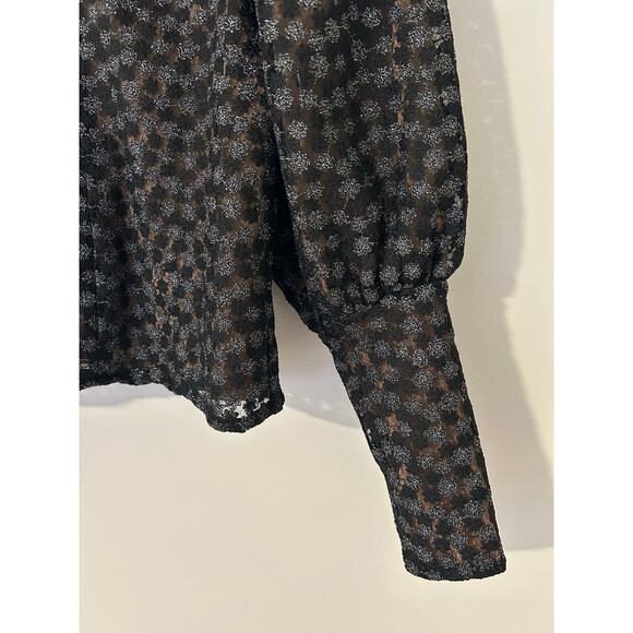 Samsoe Samsoe Pimo Blouse Black Floral Nude Overlay Bubble Long Sleeves EUC S - Picture 3 of 13